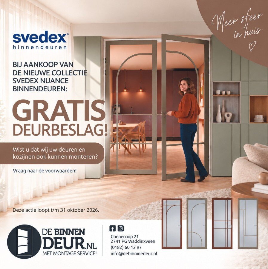 Actieposter Svedex Nuance: gratis deurbeslag bij aankoop in de showroom, t/m 31 oktober 2026